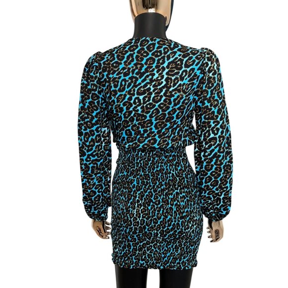 AFRM Blue Leopard Print Mini Dress Smocked Waist Long Sleeve Size SP Revolve - Picture 3 of 12